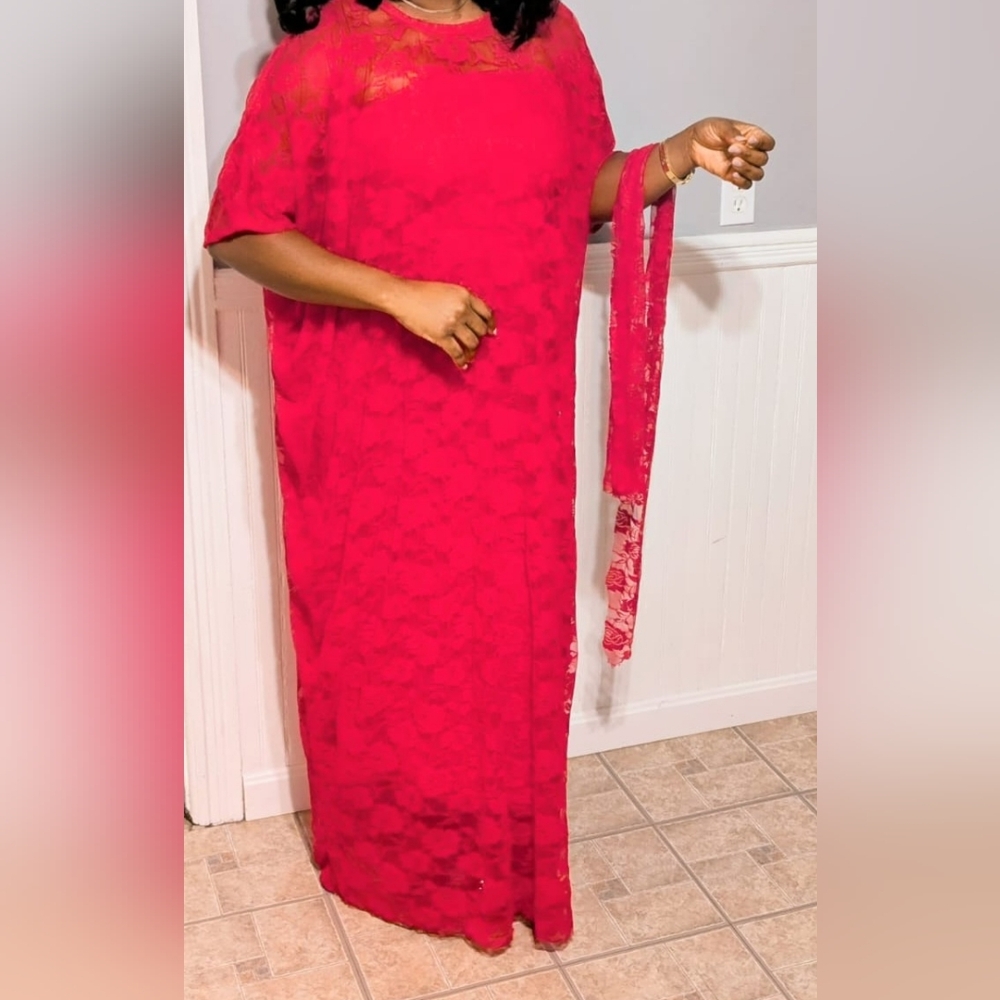 Elegant Red Lace Dress with Scarf